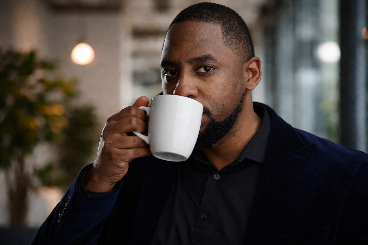 derick butler drinking coffee wide